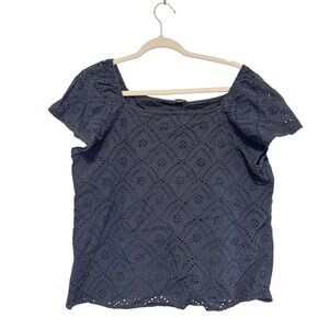 Ann Taylor Factory‎ Navy Blue Eyelet Lace Square Neck Flutter Sleeve Blouse L
